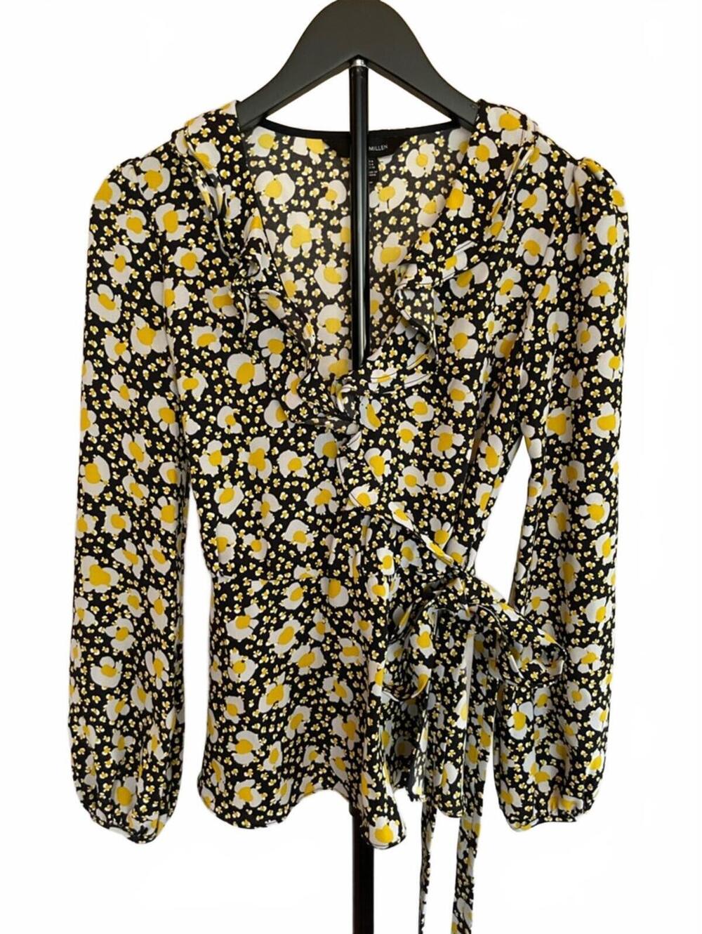 Karen Millen Floral Blouse Black Yellow Wrap Tie Waist Size 4